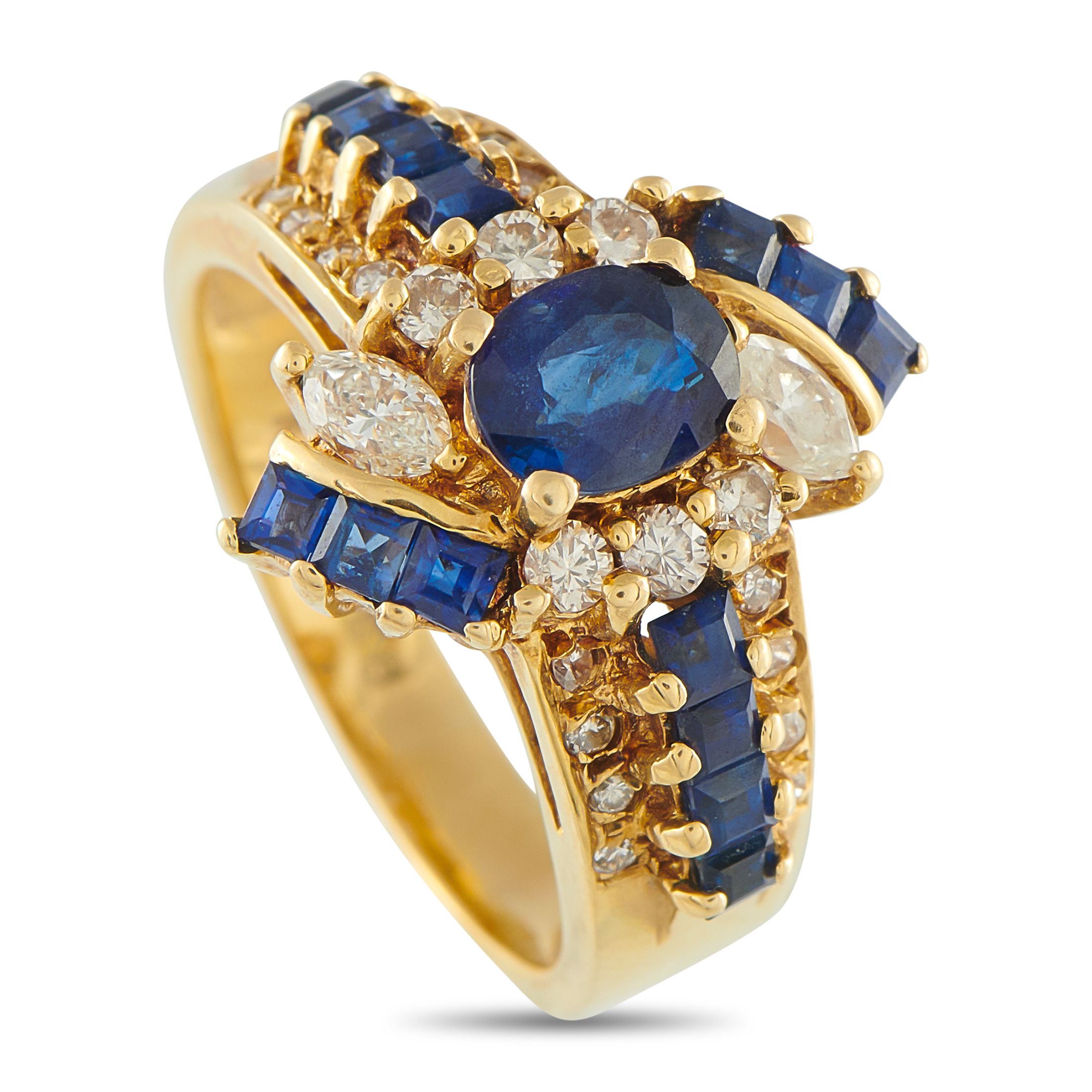 Exclusive 18K Yellow Gold Diamond and Sapphire Ring MF10-092625 – This luxury ring is filled with dynamic details