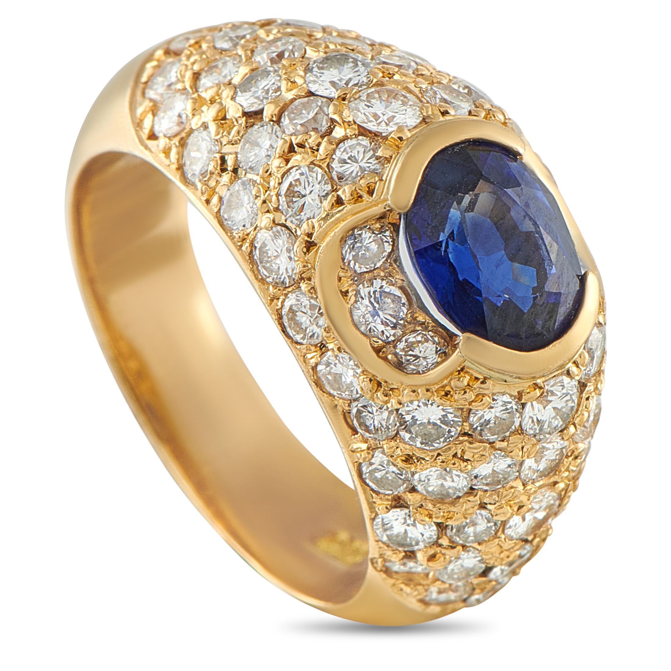 18K Yellow Gold 2.20ct Diamond and Sapphire Ring - A classically elegant design sets this luxury ring apart from all others. At the center of the domed 18K Yellow Gold setting,