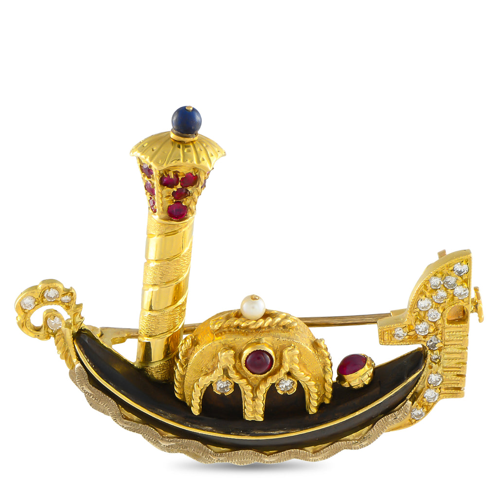 18K Yellow Gold and Bog Oak Diamond, Sapphire, and Ruby Gondola Brooch