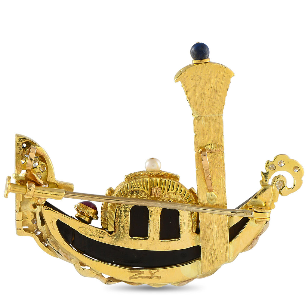 Exclusive 18K Yellow Gold and Bog Oak Diamond, Sapphire, and Ruby Gondola Brooch