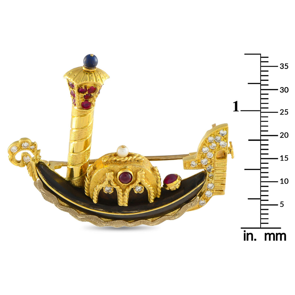 Exclusive 18K Yellow Gold and Bog Oak Diamond, Sapphire, and Ruby Gondola Brooch