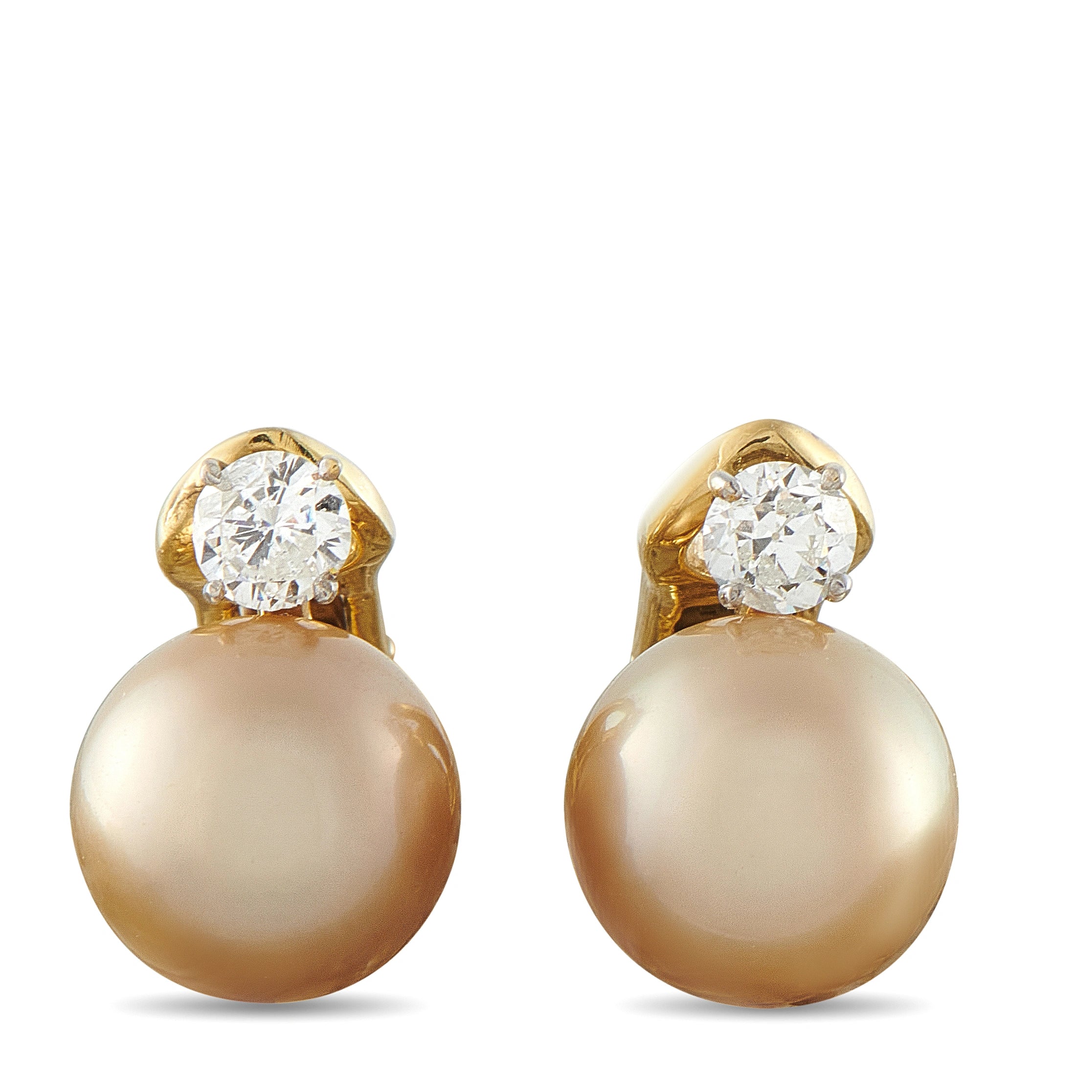 18k yellow gold earrings with golden pearl drops and round diamond top