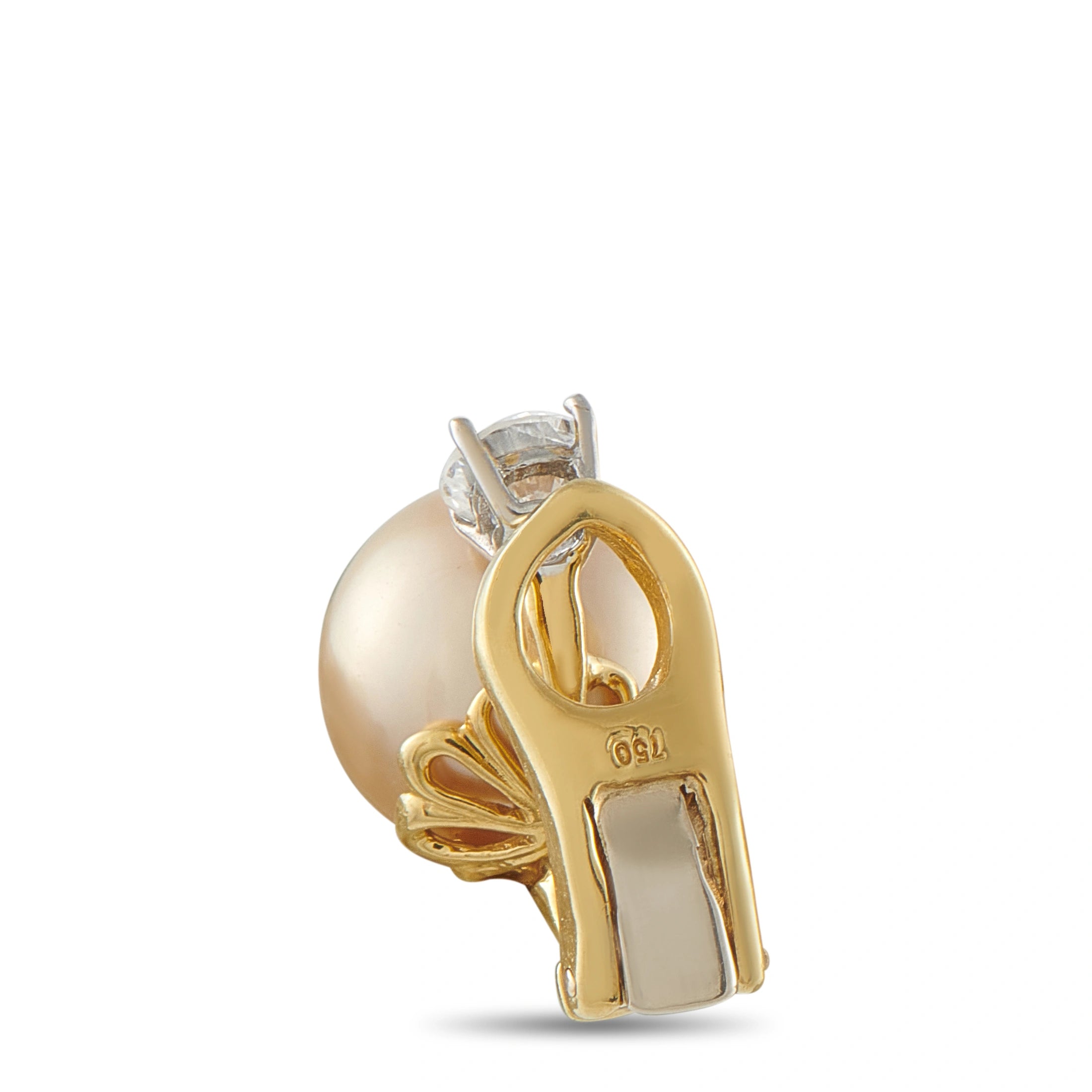 Yellow gold earrings with golden pearl and round diamond on top setting
