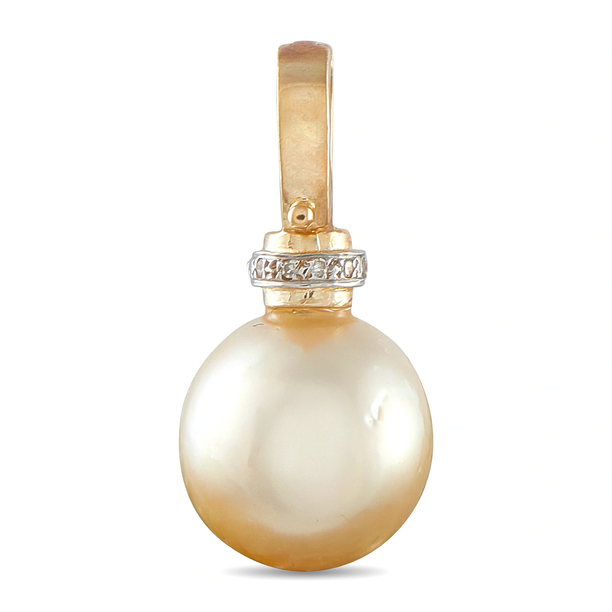 Yellow gold pearl pendant with diamond ring around bail, side view