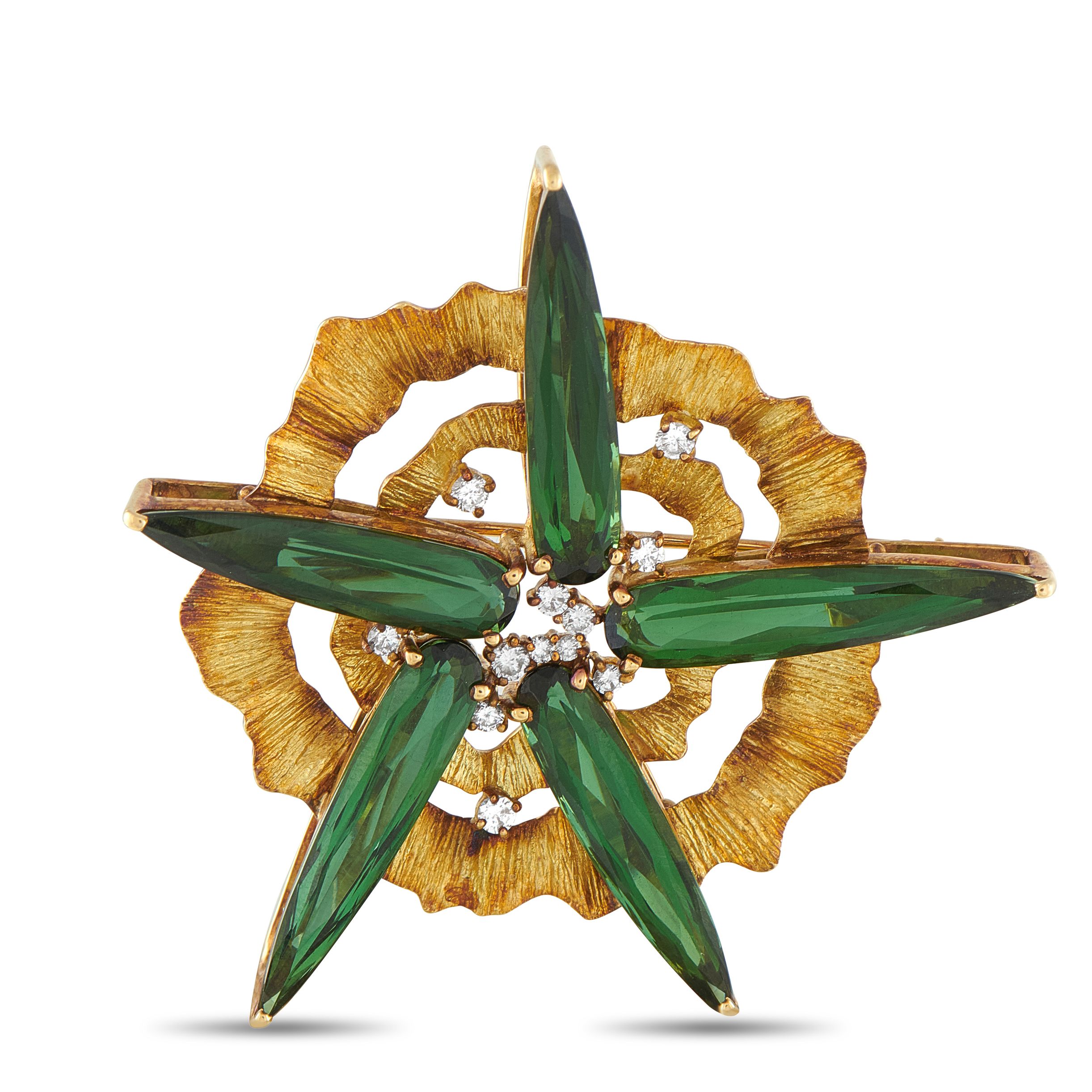 Exclusive 18K Yellow Gold 0.37ct Diamond and Tourmaline Brooch — An abstract star-shaped design makes this luxury brooch simp