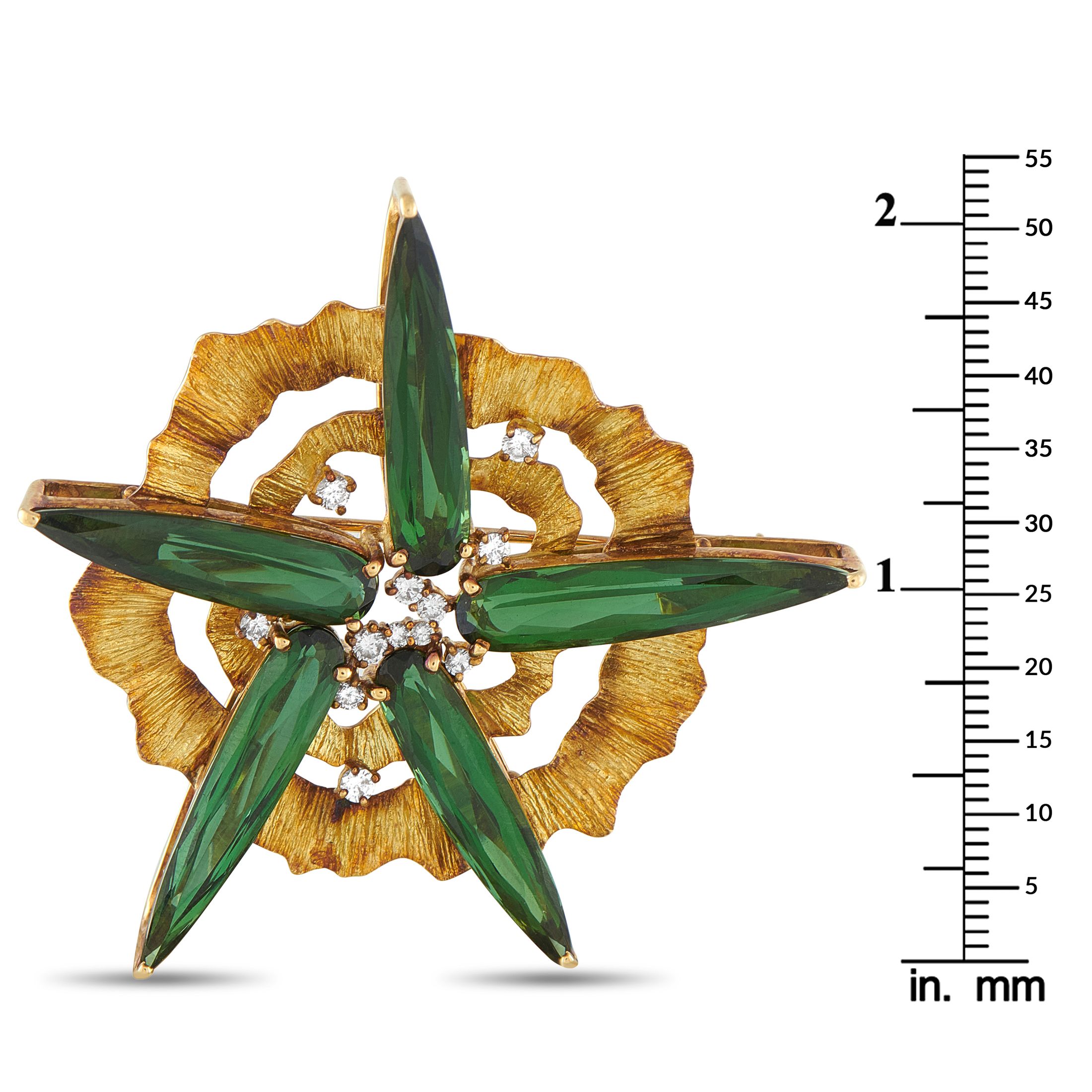 Exclusive 18K Yellow Gold 0.37ct Diamond and Tourmaline Brooch