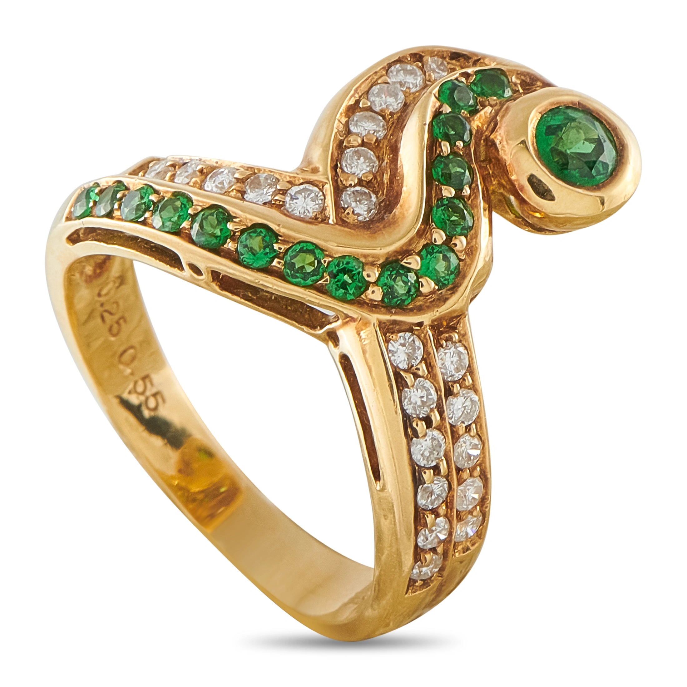 18k yellow gold ring with green oval tsavorite-style stones and diamond accents