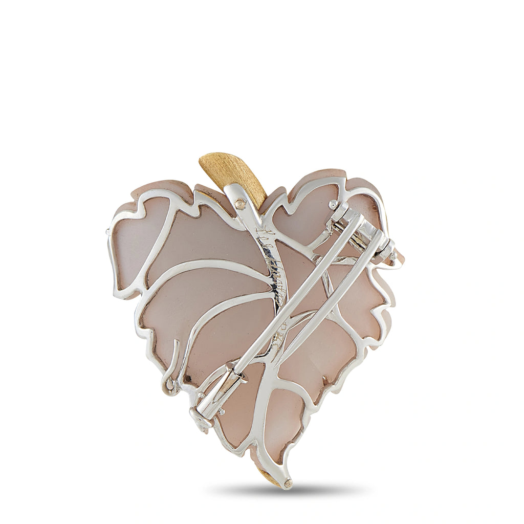 18K Yellow Gold Druzy Quartz Leaf Brooch
