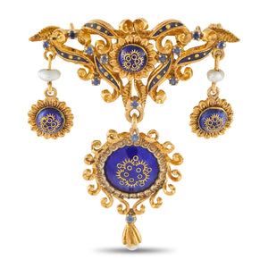 Antique 18K Yellow Gold Pearl and Enamel Brooch