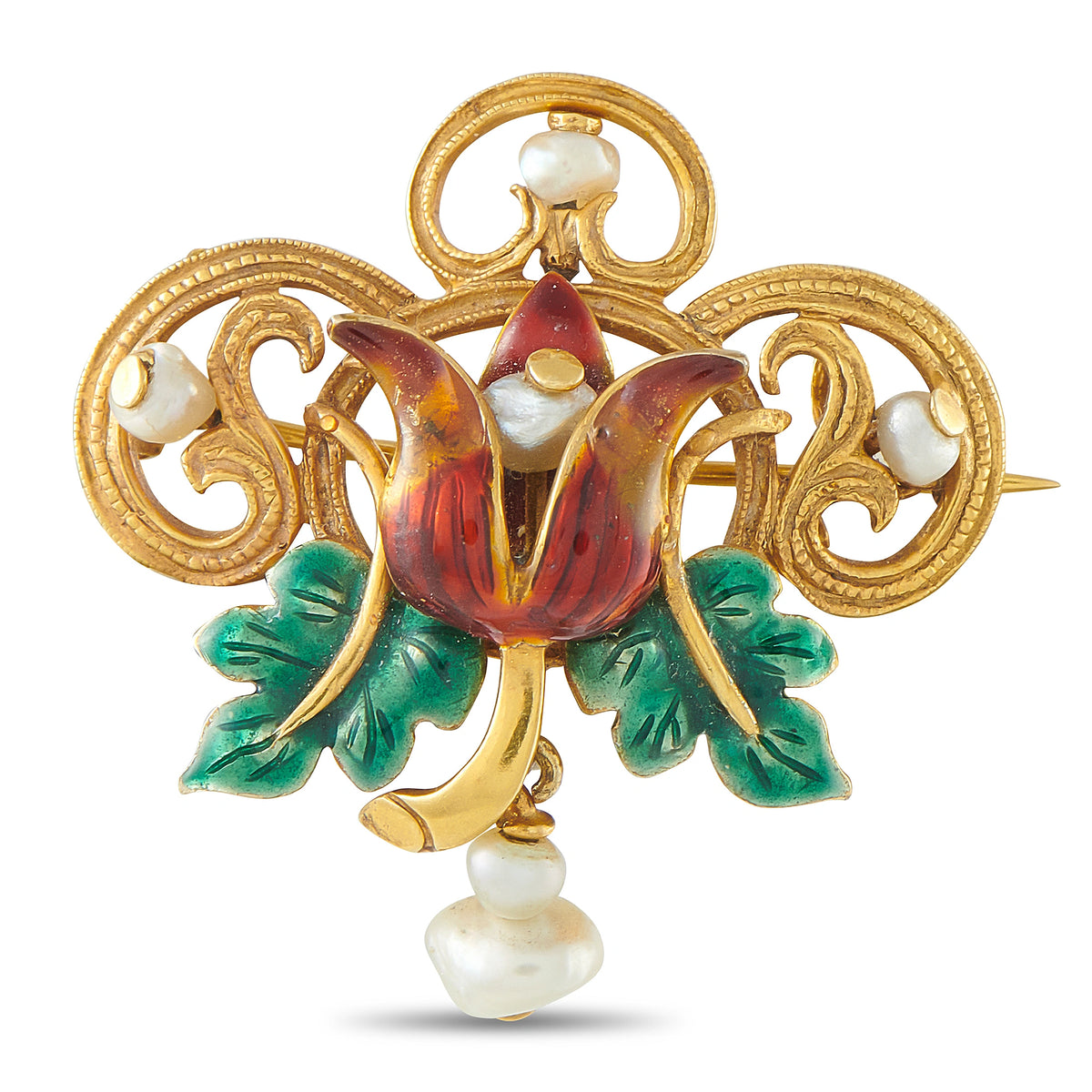 18K yellow gold brooch with red and green enamel flower, pearl drops, and pin clasp