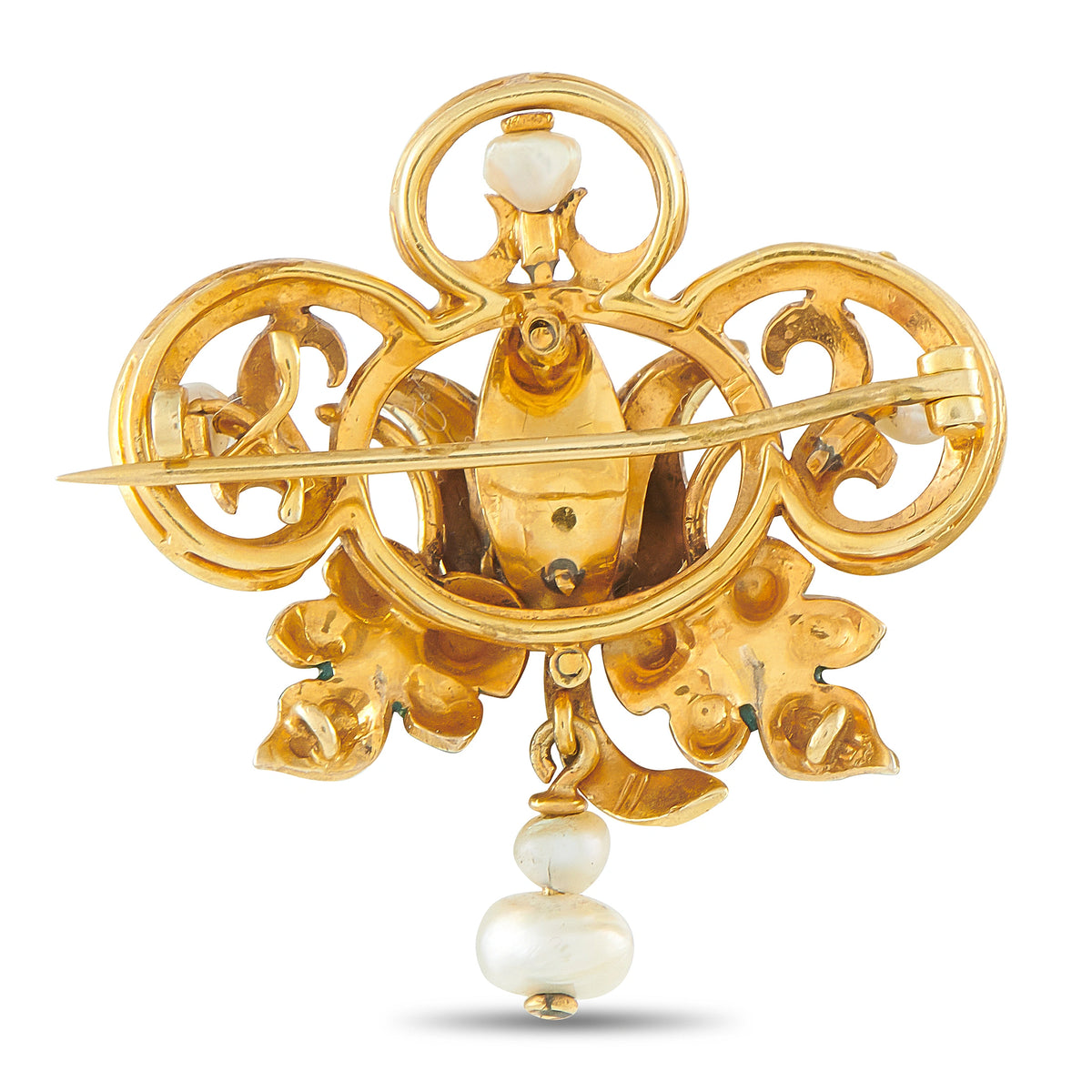 Gold-tone enamel brooch with pearl drop, ornate scroll frame, and straight pin back
