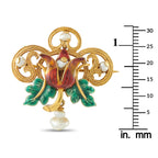 18K yellow gold brooch with red enamel tulip, green leaves, and two pearl accents