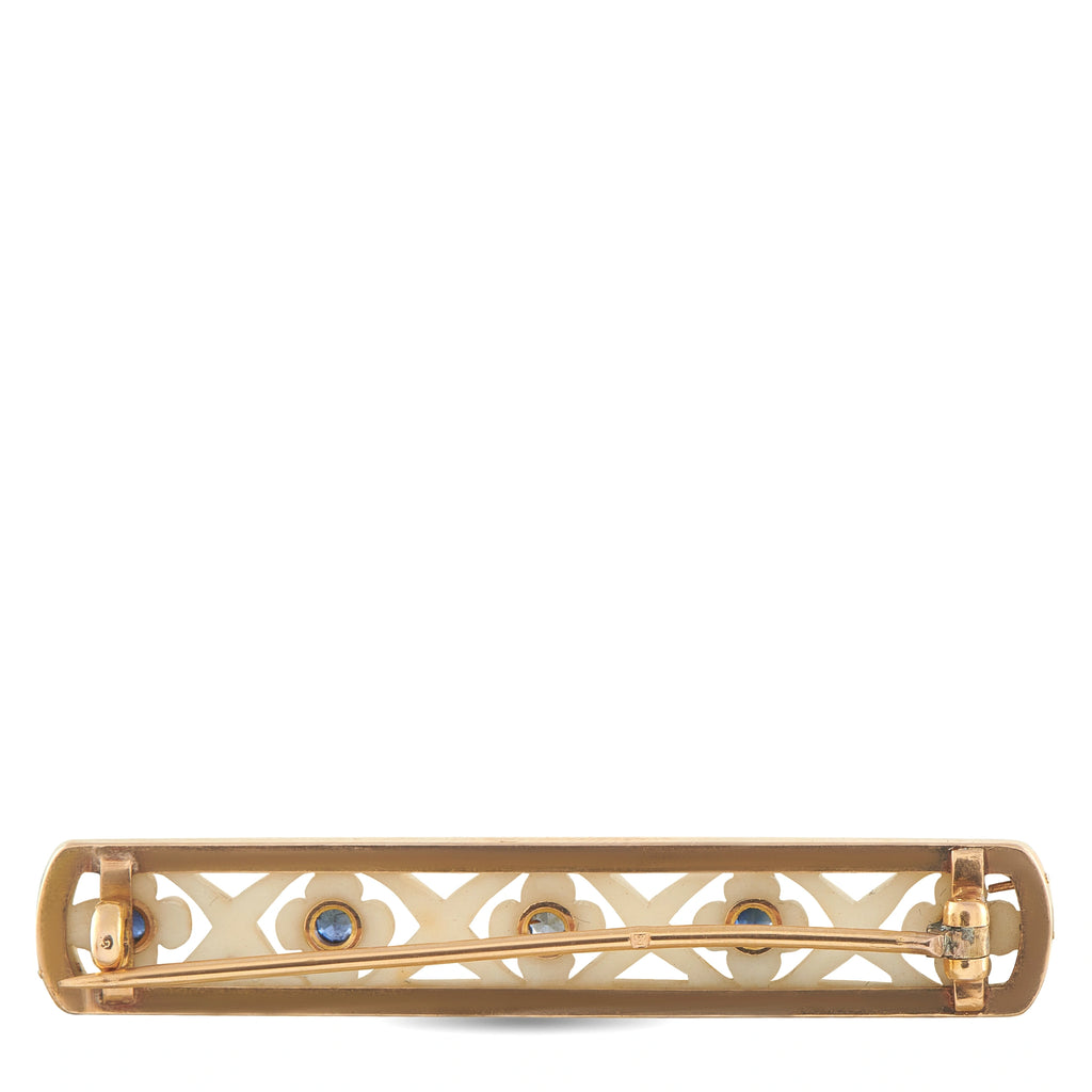 18K Yellow Gold Sapphire and Carved Stone Bar Brooch