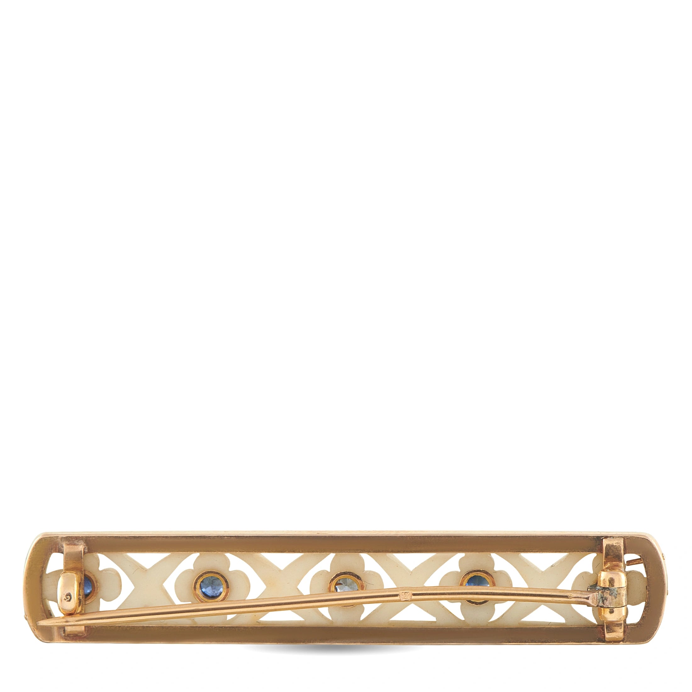18K Yellow Gold Sapphire and Carved Stone Bar Brooch