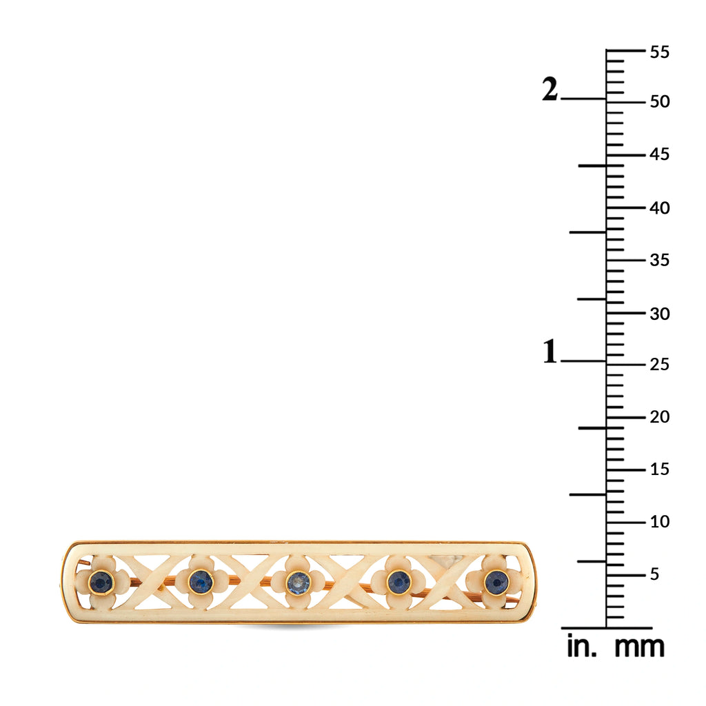 18K Yellow Gold Sapphire and Carved Stone Bar Brooch