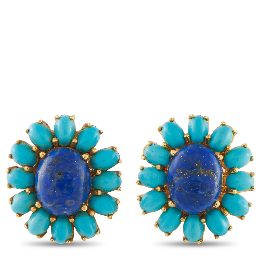 18K Yellow Gold Lapis and Turquoise Earrings