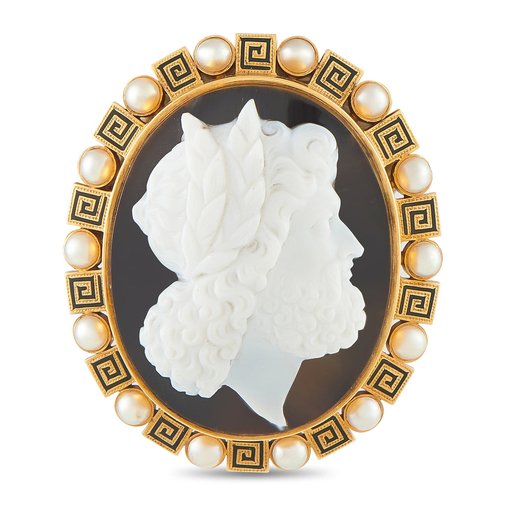 Antique 18K Yellow Gold Mudstone and Pearl Cameo Brooch