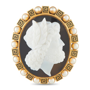 Antique 18K Yellow Gold Mudstone and Pearl Cameo Brooch