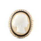 Antique 18K Yellow Gold Hardstone and Pearl Cameo Brooch