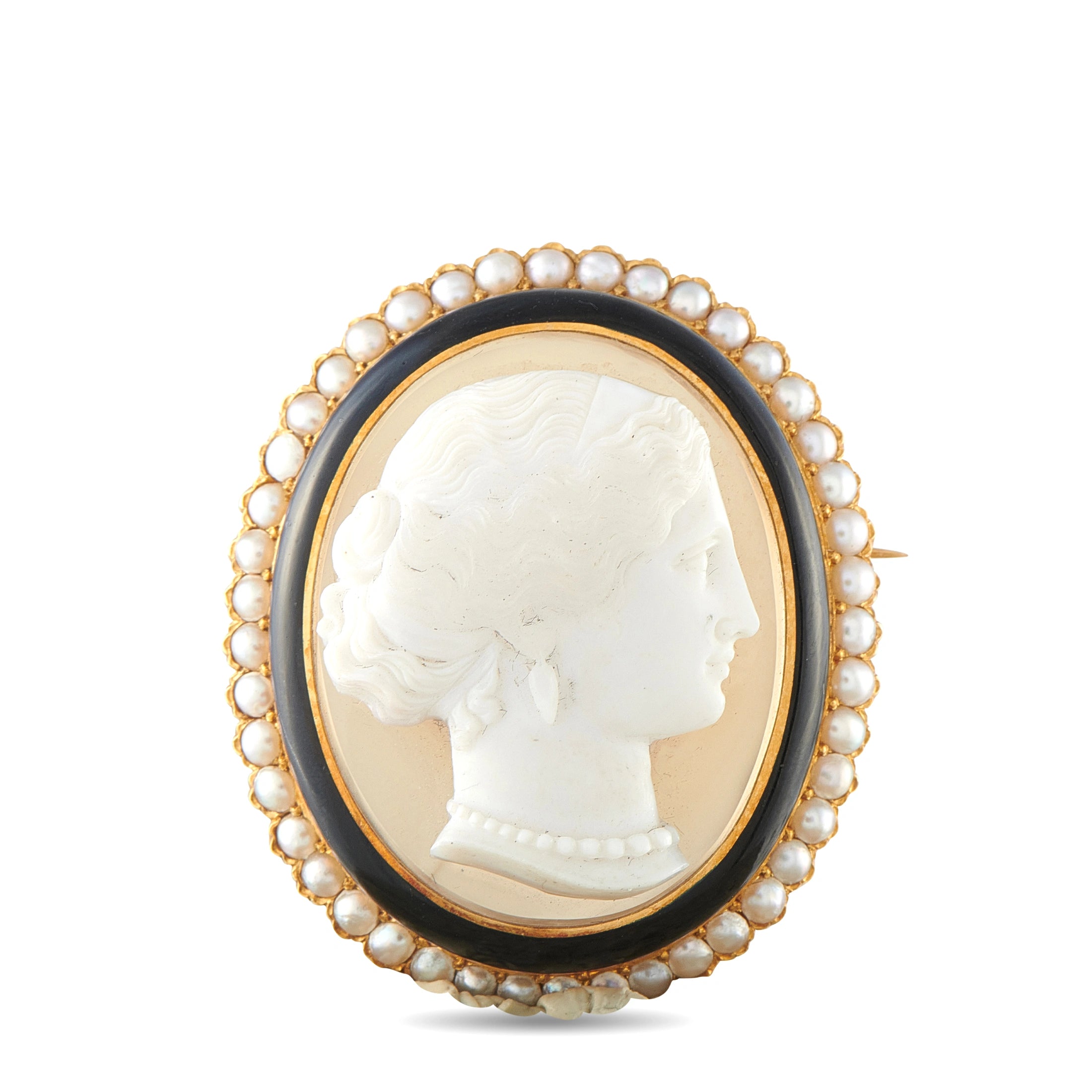 Antique 18K Yellow Gold Hardstone and Pearl Cameo Brooch