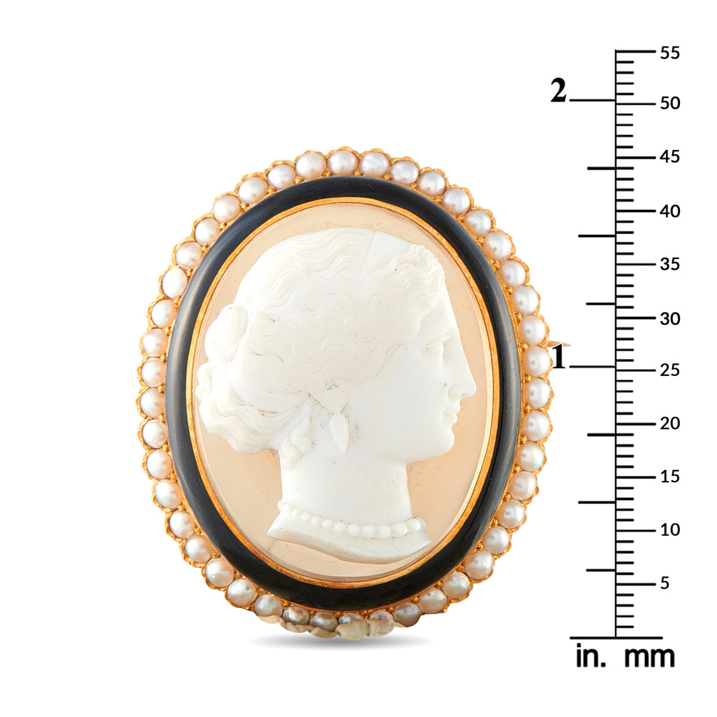 Antique 18K Yellow Gold Hardstone and Pearl Cameo Brooch