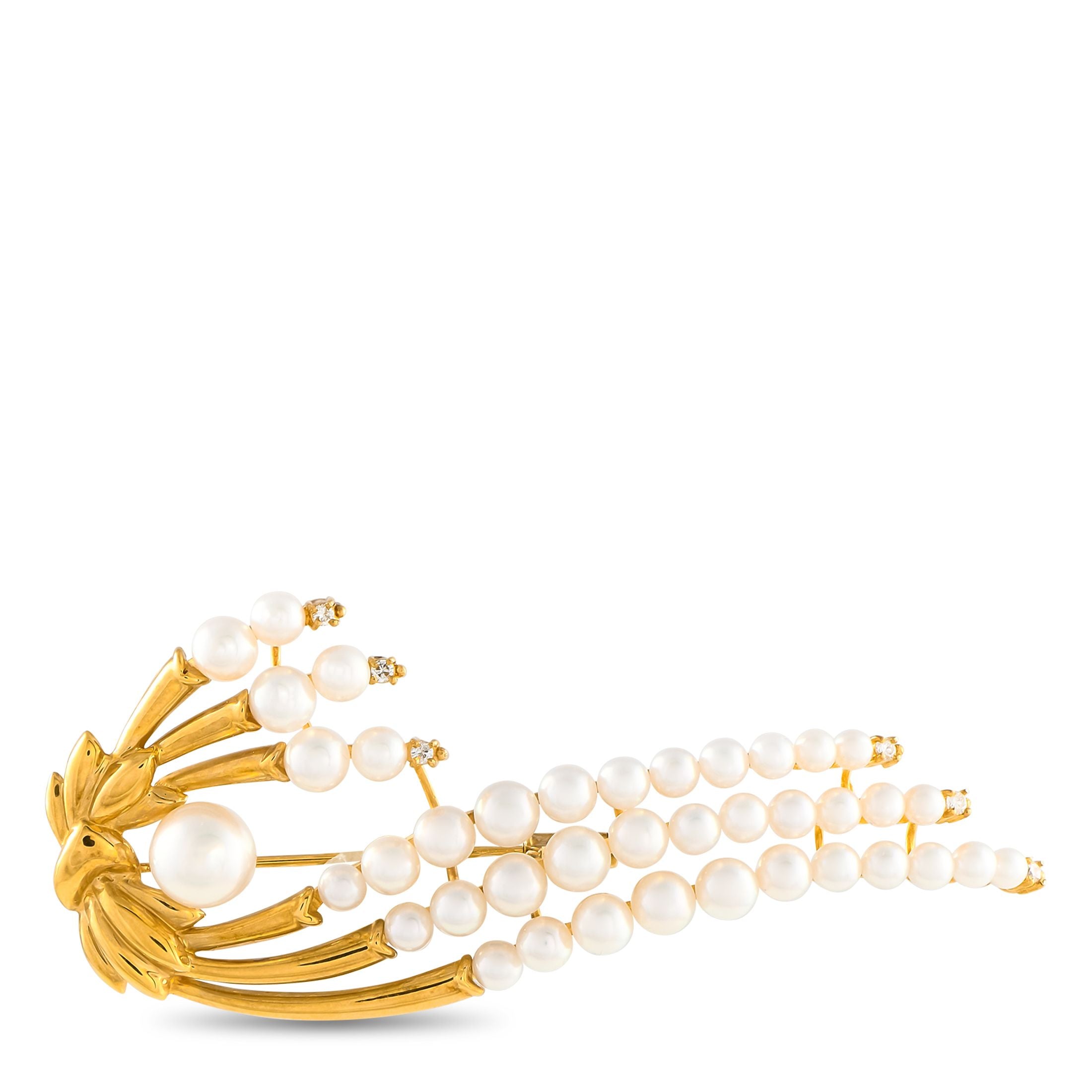 Exclusive 18K Yellow Gold Pearl Brooch — This 18K Yellow Gold brooch is a stunning accent piece that will elevate any scarf,