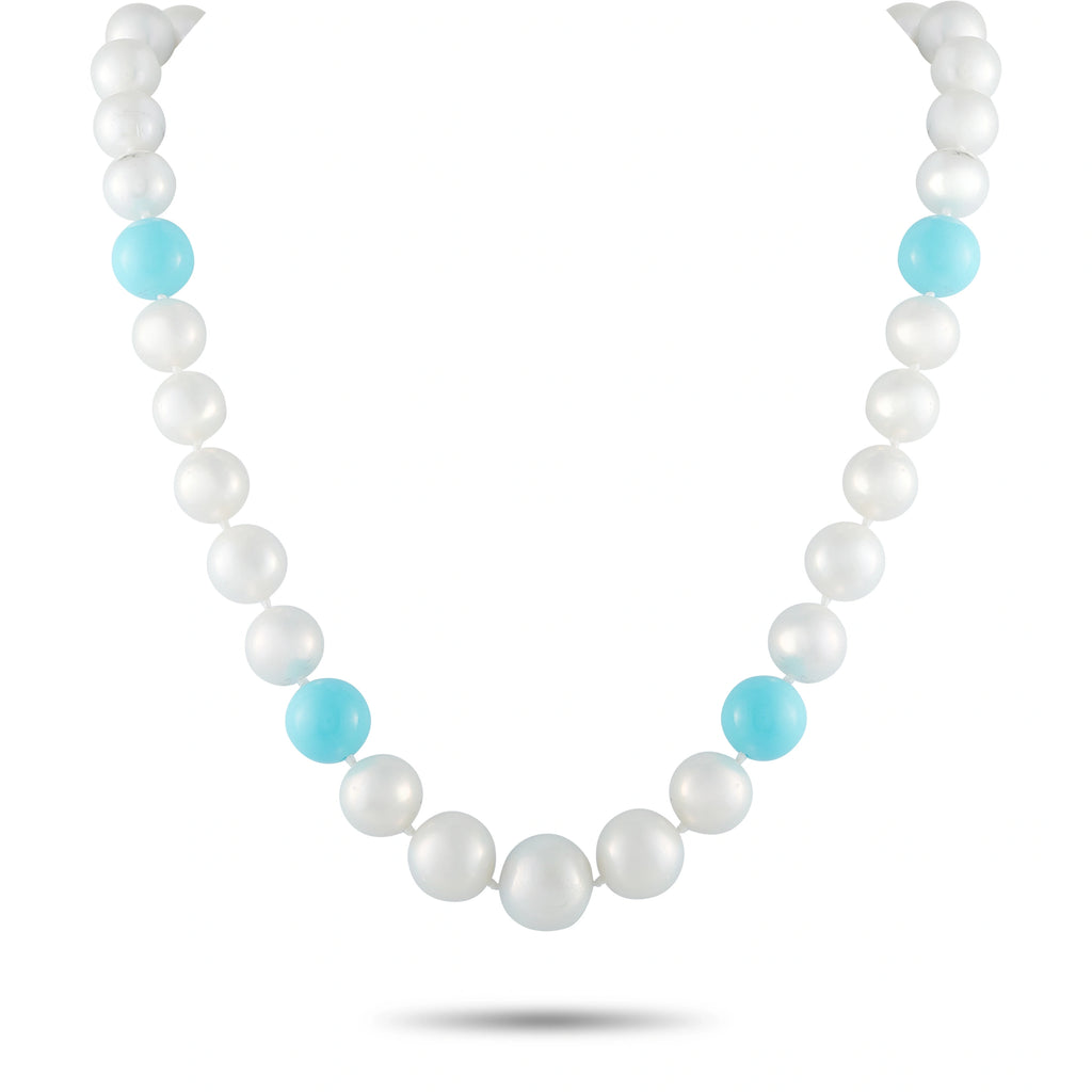 Pearl and turquoise bead necklace with white bead strand and blue accent beads