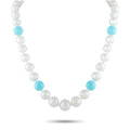 Pearl and turquoise bead necklace with white bead strand and blue accent beads