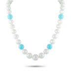 Pearl and turquoise bead necklace with white bead strand and blue accent beads