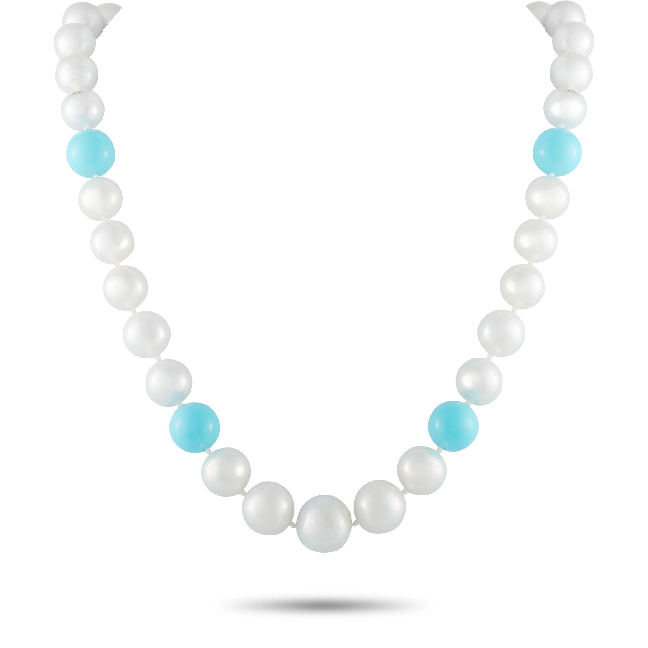 Pearl and turquoise bead necklace with white bead strand and blue accent beads