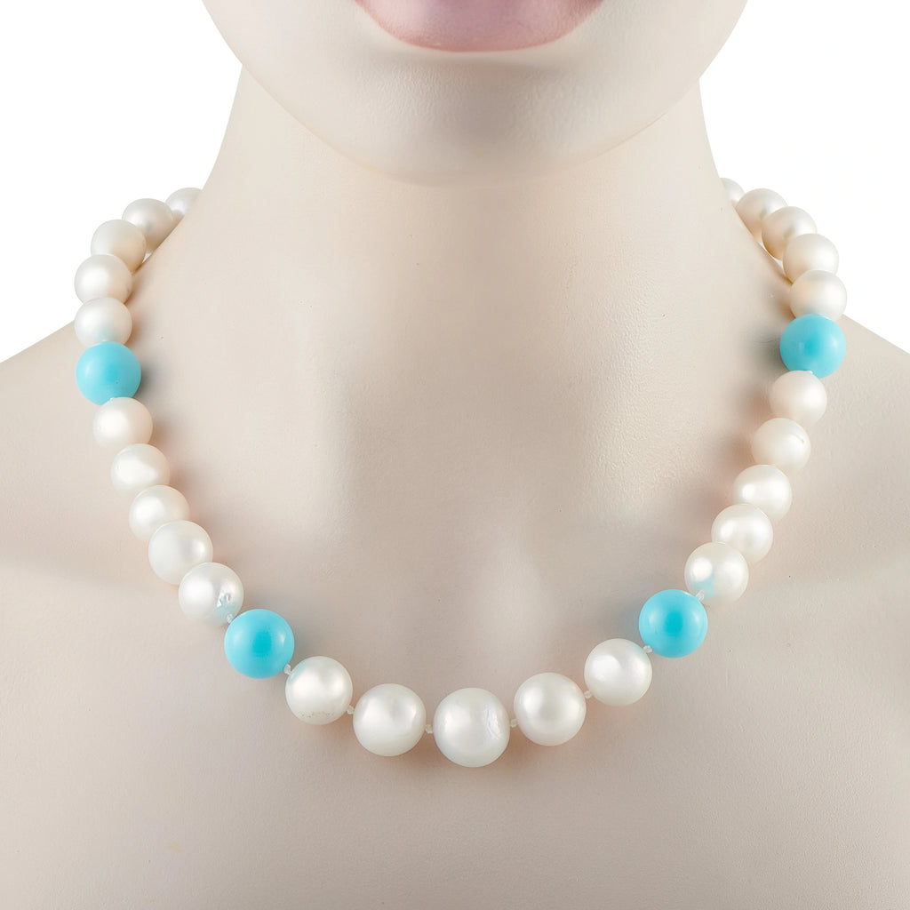 Pearl and turquoise bead necklace with alternating white pearls and blue round beads