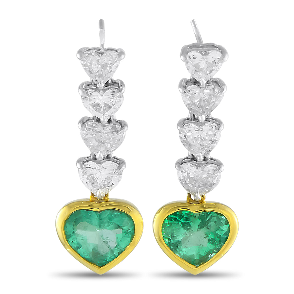 Platinum and 18K Yellow Gold 3.28ct Diamond and Emerald Dangle Earrings