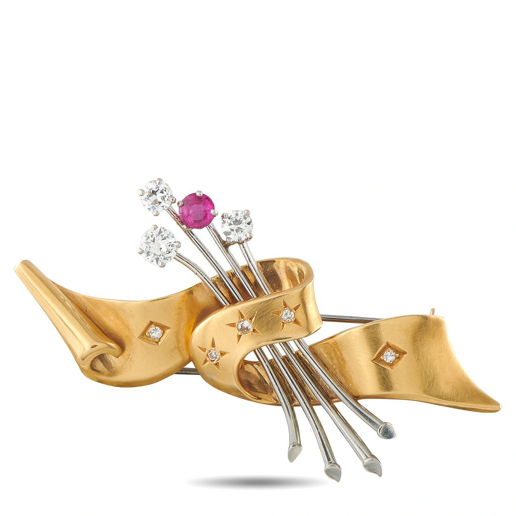 18K Yellow Gold and Platinum 0.70ct Diamond and Ruby Brooch