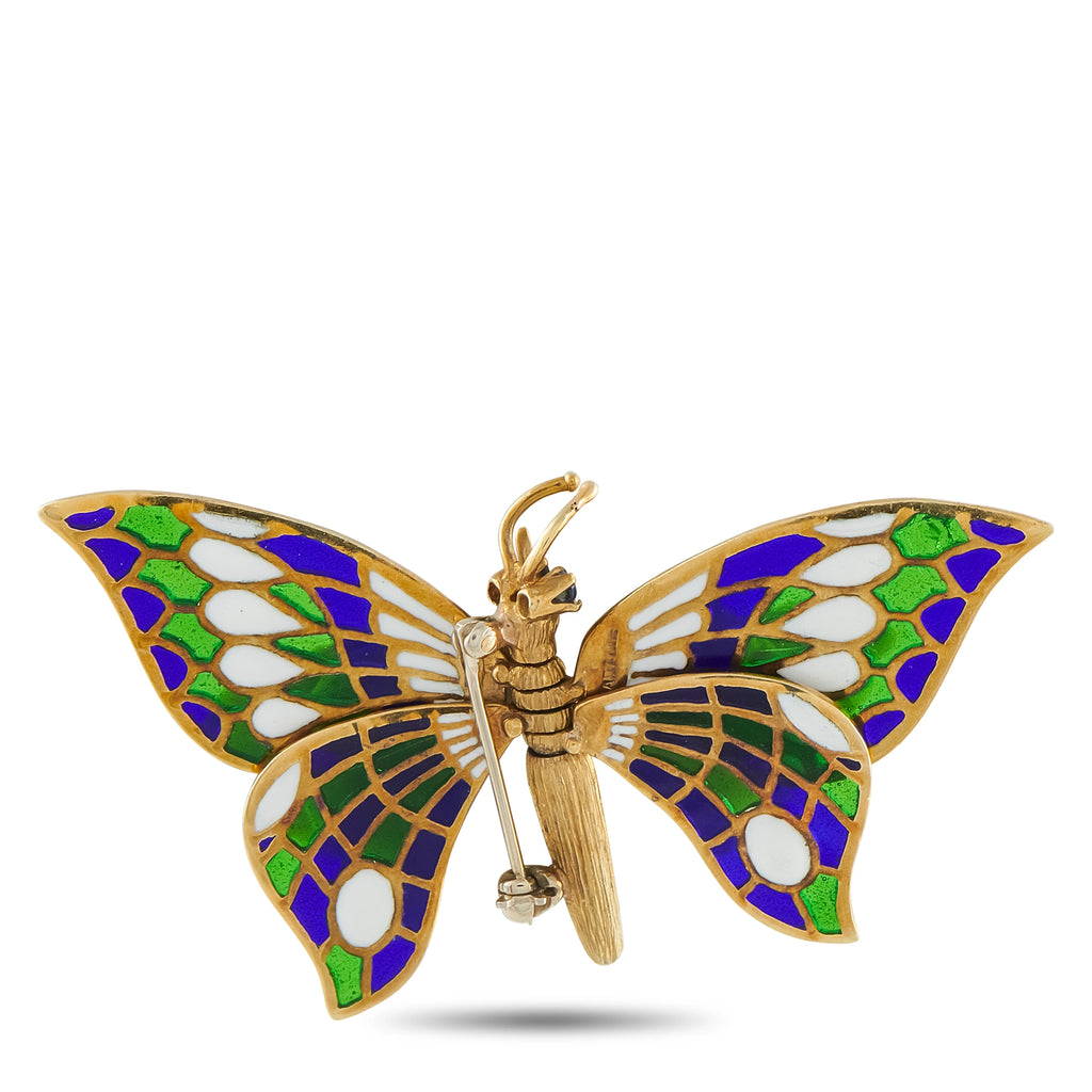 Vintage 14K Yellow Gold Plique-à-Jour Butterfly Brooch