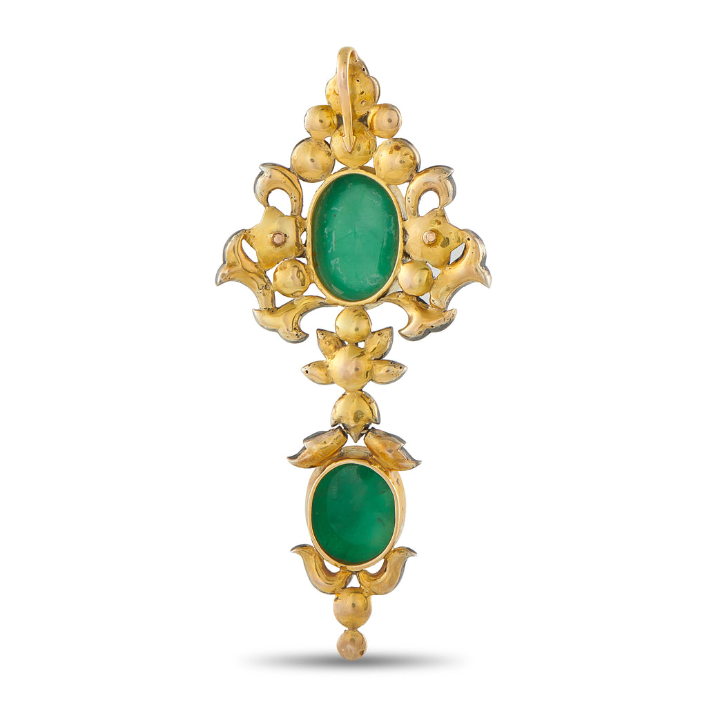 Antique 18K Yellow Gold and Silver 2.50ct Diamond and Emerald Pendant