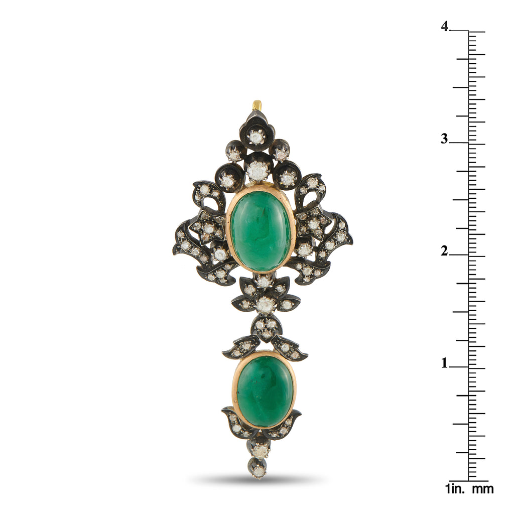 Antique 18K Yellow Gold and Silver 2.50ct Diamond and Emerald Pendant