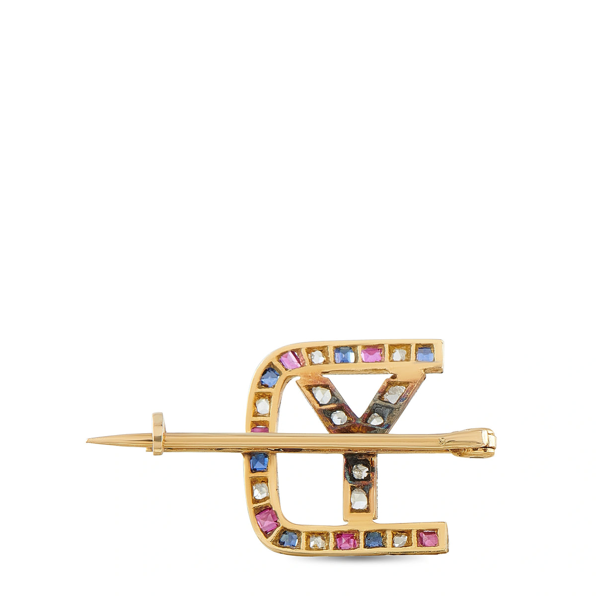 Antique-style gold gemstone brooch with multicolor square stones and straight pin
