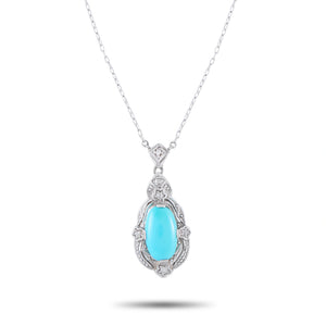 Antique 18K Yellow Gold and Silver 0.10ct Diamond and Turquoise Pendant