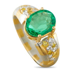 18K gold ring with oval green emerald and yellow/white diamond accents, striped band
