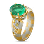 18K gold ring with large oval green emerald and diamond cluster, curved striped band