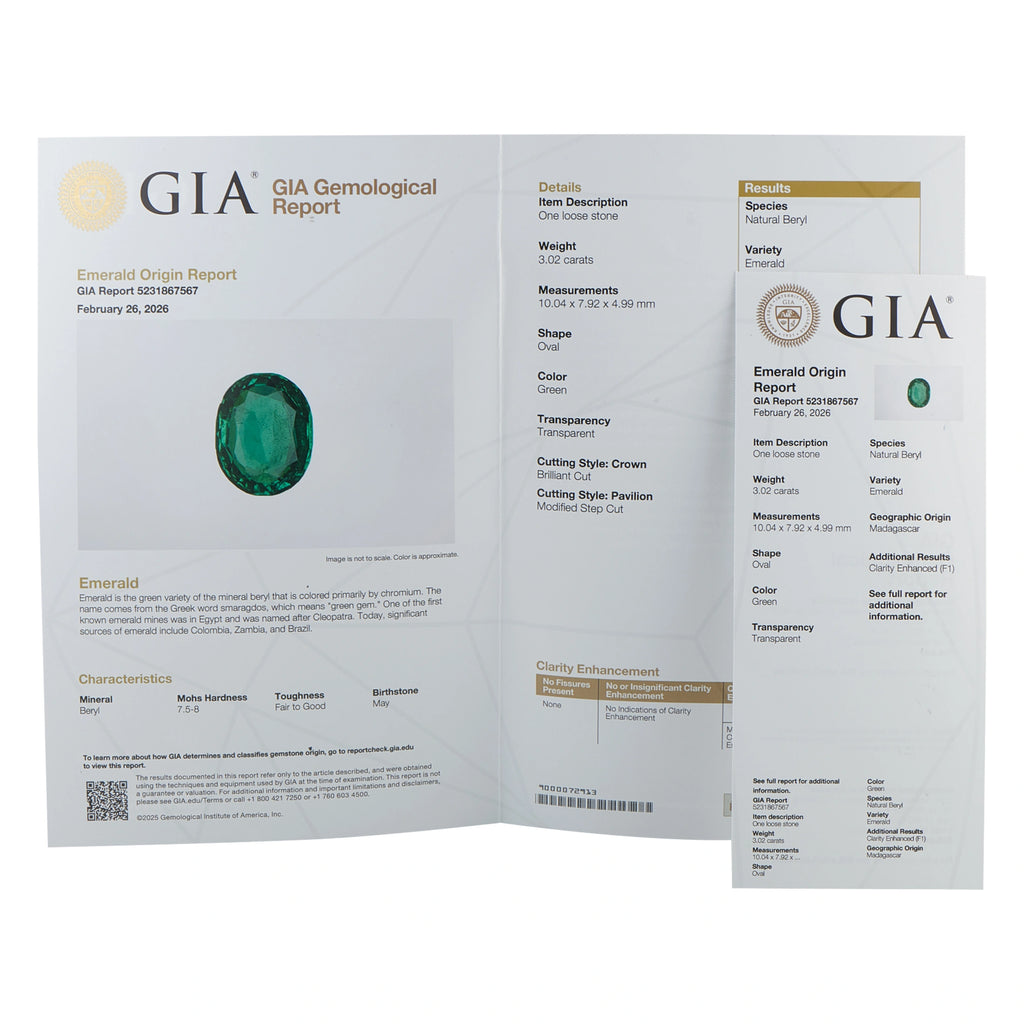 GIA emerald origin report papers and card for green emerald jewelry