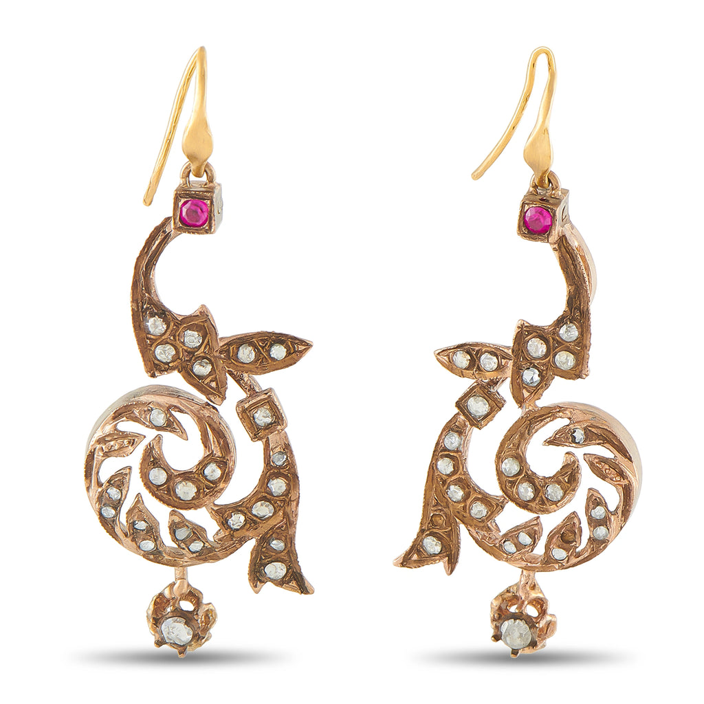 Antique 9K Rose Gold 1.0ct Diamond and Ruby Drop Earrings
