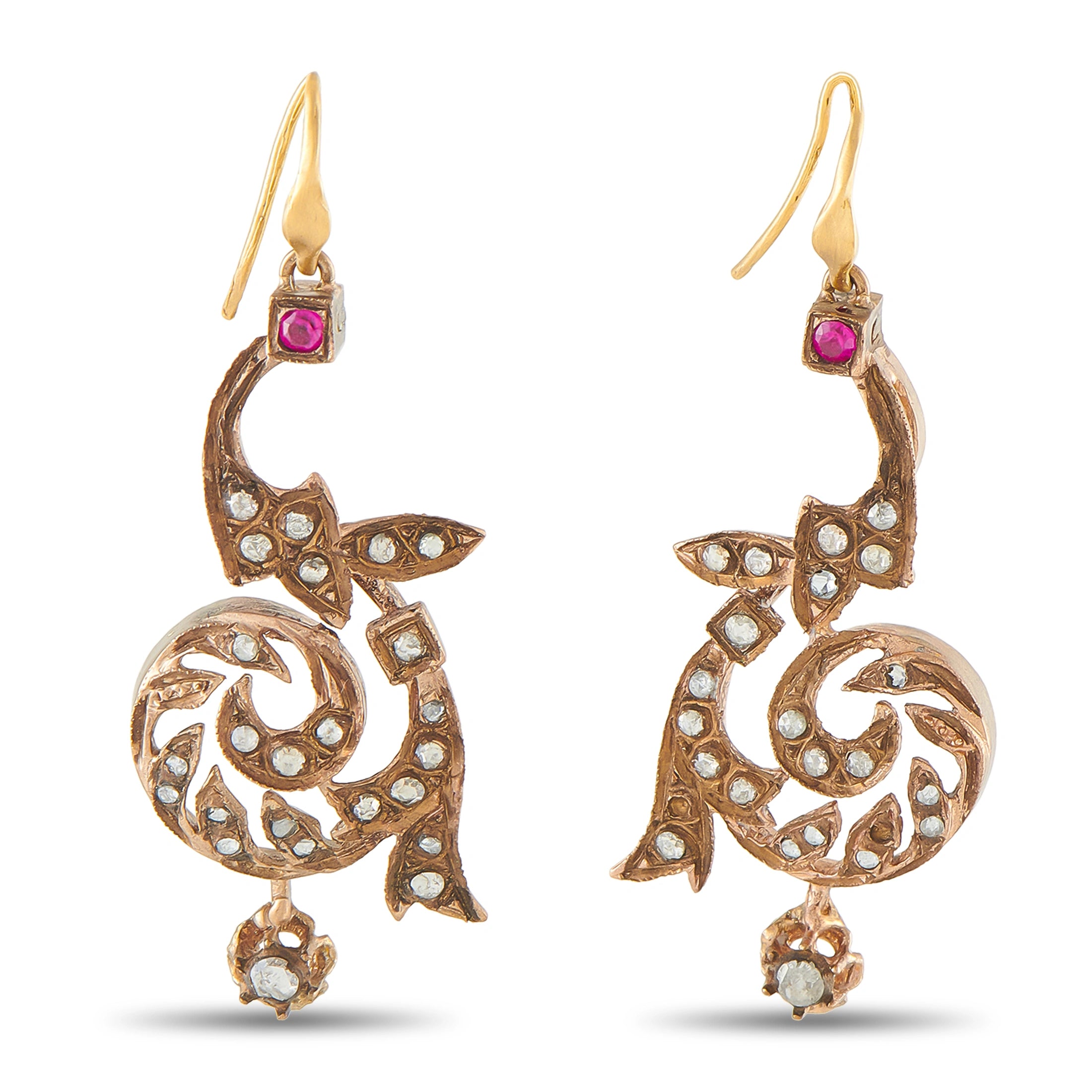 Antique 9K Rose Gold 1.0ct Diamond and Ruby Drop Earrings