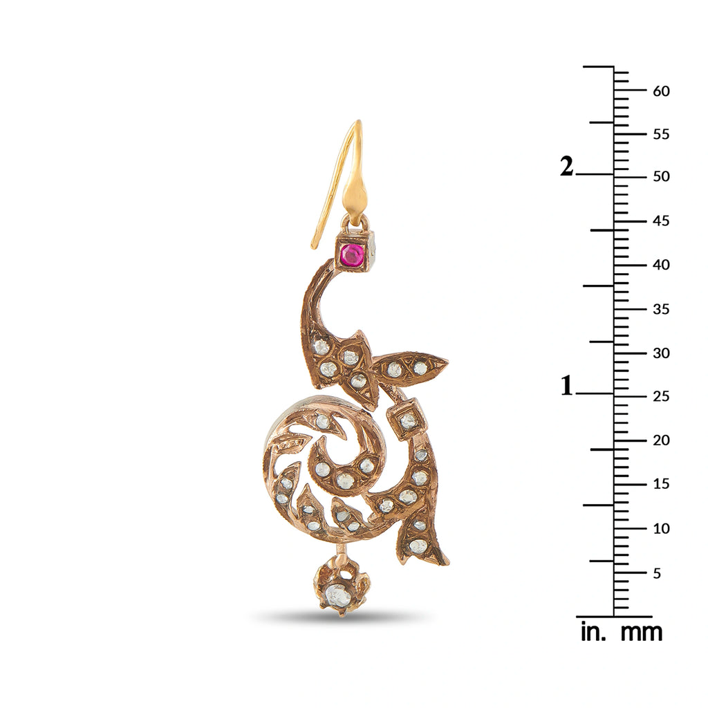 Antique 9K Rose Gold 1.0ct Diamond and Ruby Drop Earrings
