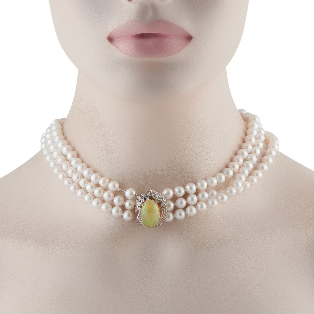 0.50ct Diamond, Opal, and Pearl Multi-Strand Necklace