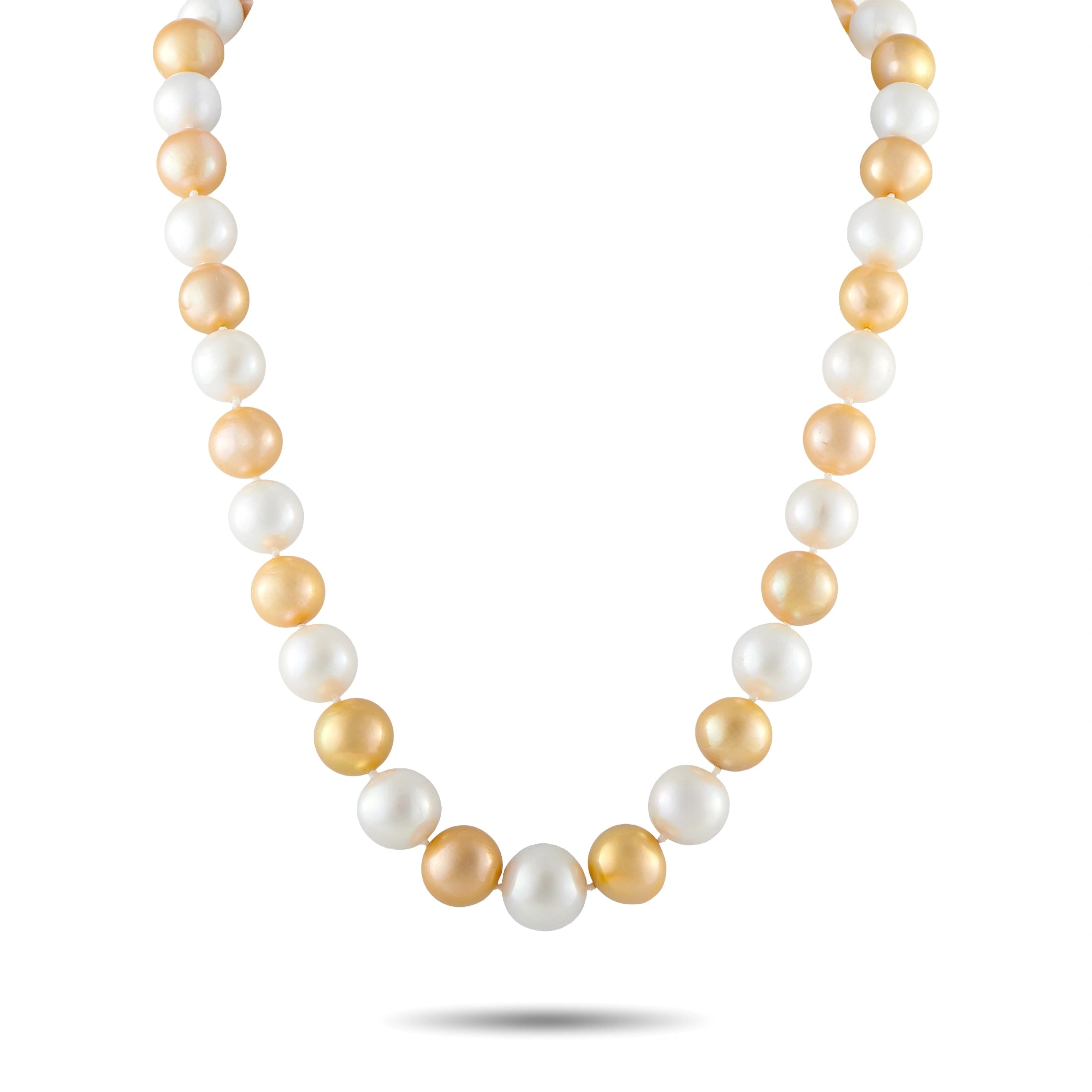 Gold and white pearl necklace with evenly spaced round pearl beads