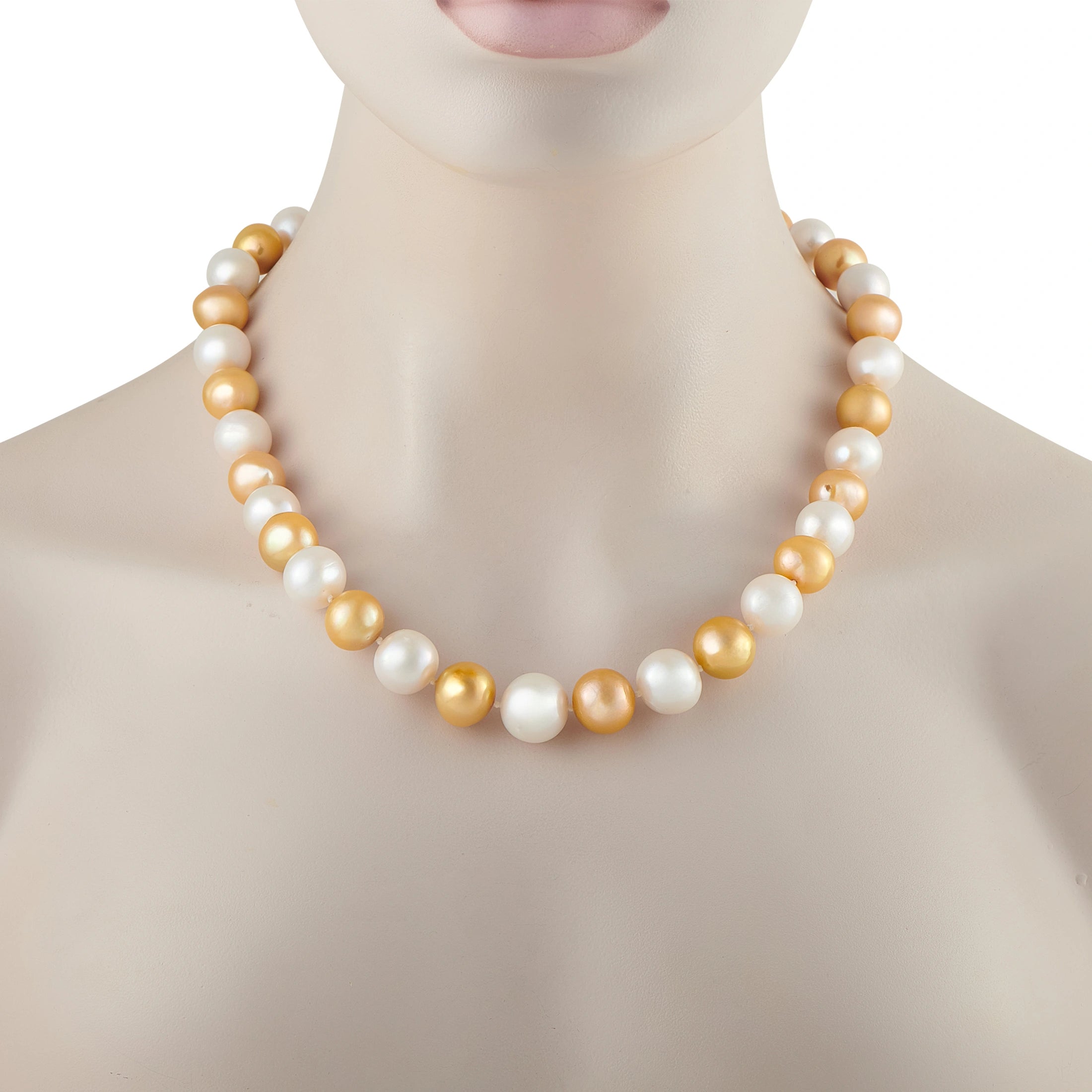 Gold and white pearl necklace on neckline with round pearl beads