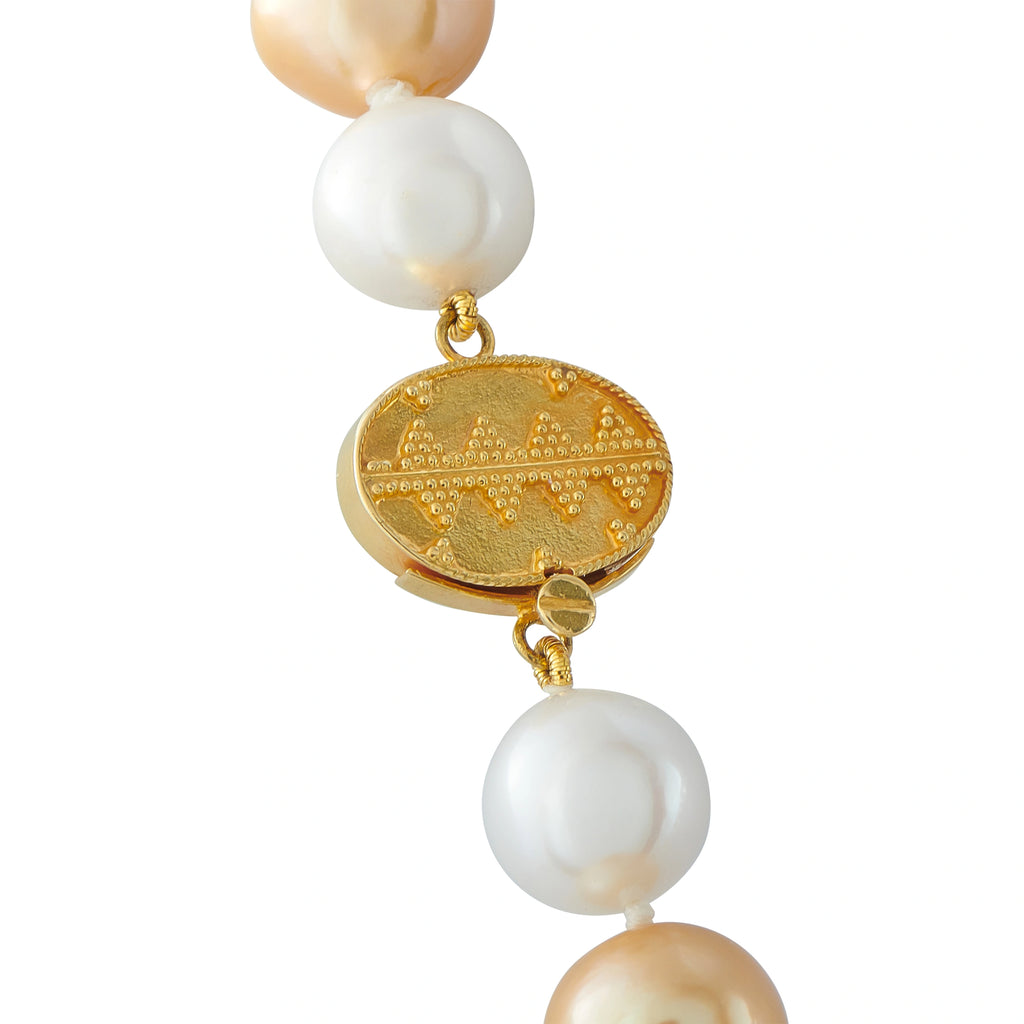 Gold pendant drop with round white/peach pearls and textured oval charm