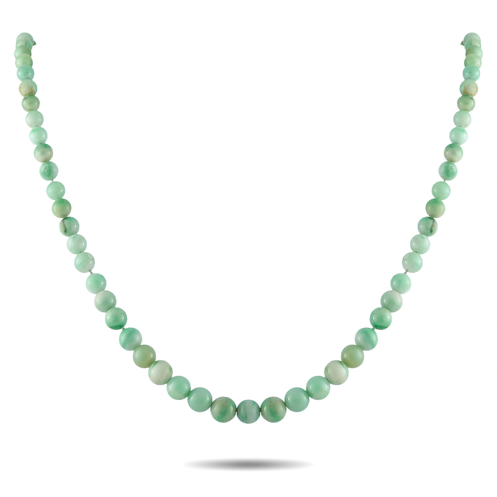 Jade bead necklace with smooth round green beads in a single continuous strand.
