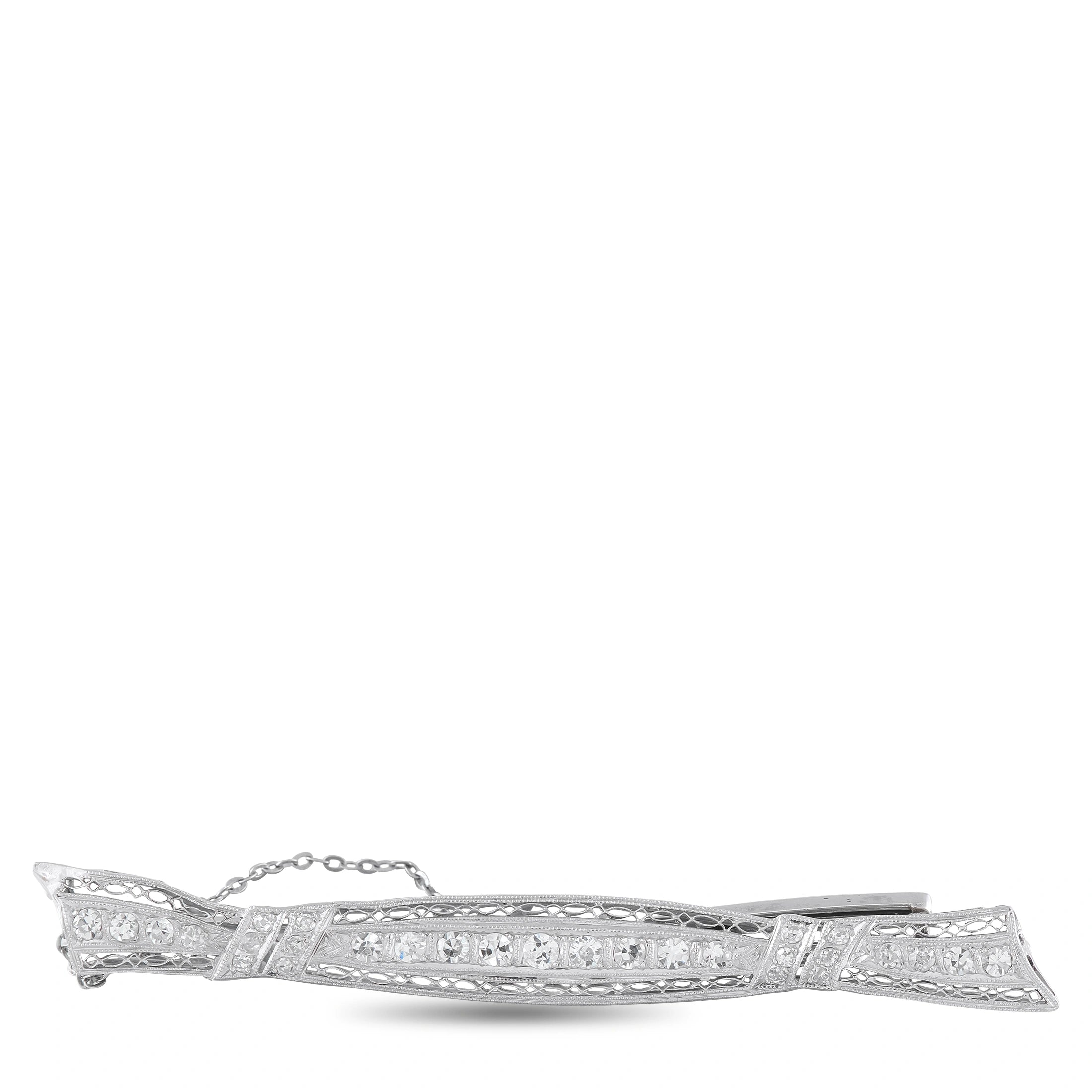 Platinum and 14K White Gold 1.0ct Diamond Art Deco Bar Brooch